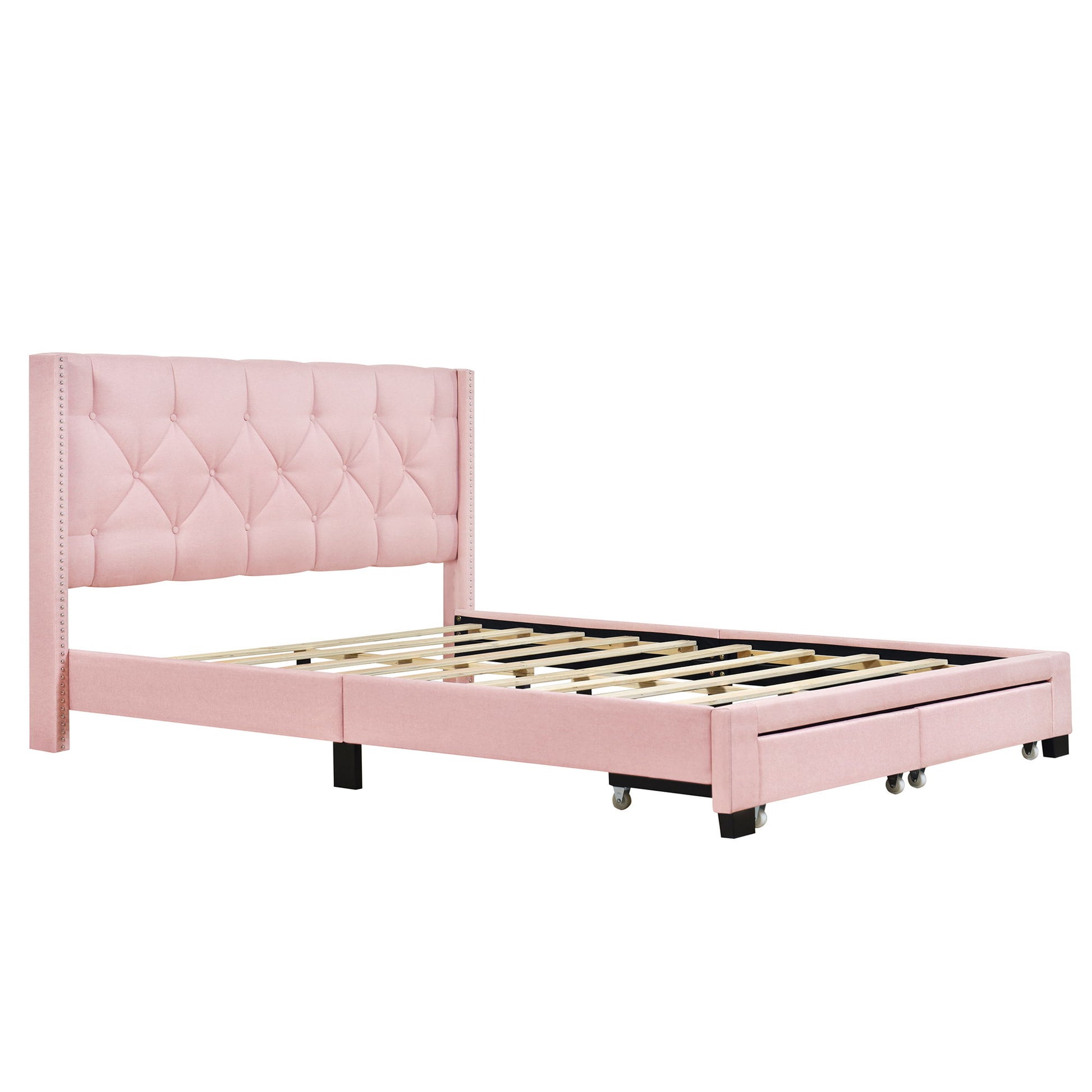 Queen Size Storage Bed Linen Upholstered Platform Bed & Two Drawers - Pink - The Sleep Loft - Online Mattress Showroom NYC