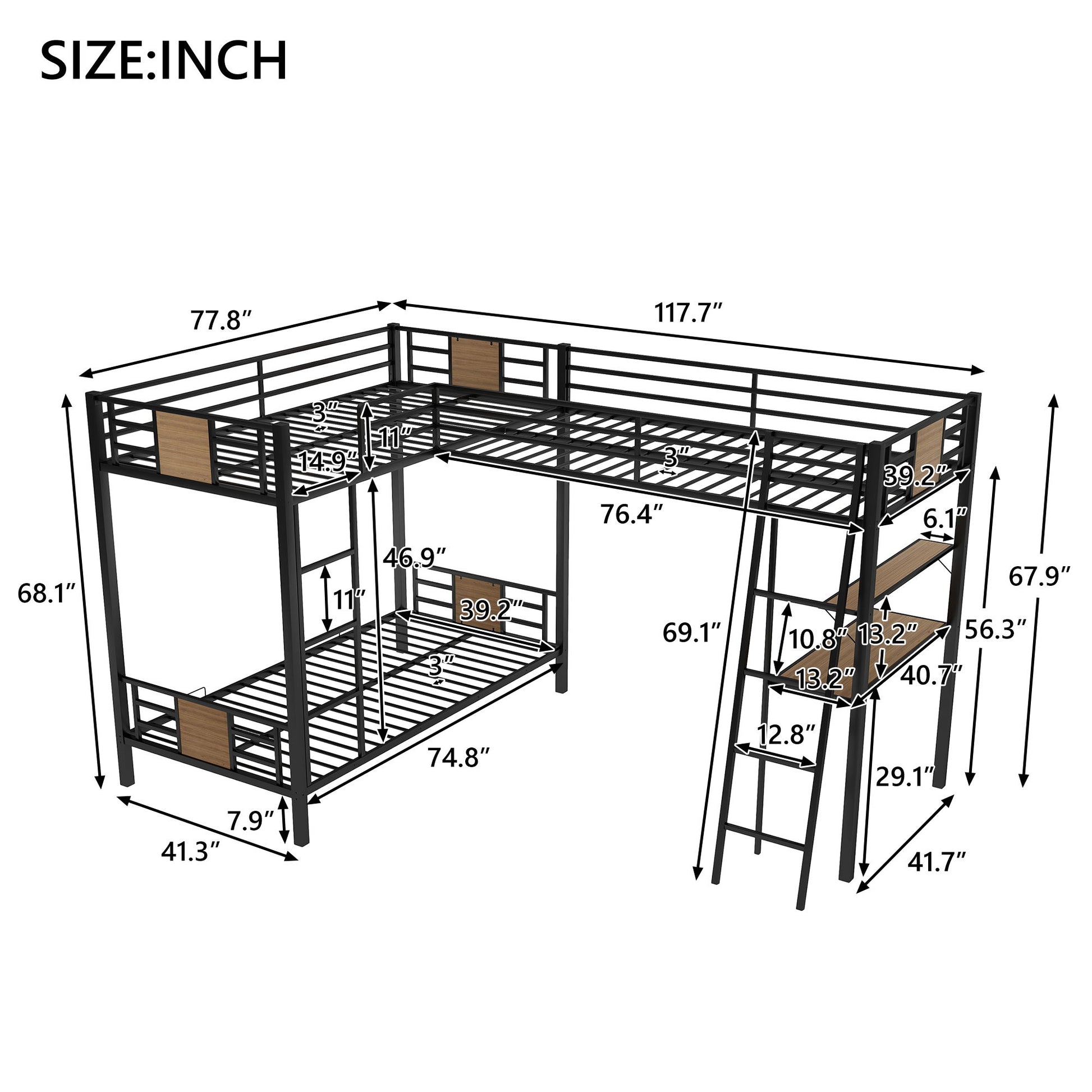 L-Shaped Twin Over Twin Bunk Bed With Twin Size Loft Bed With Desk And Shelf - Brown - The Sleep Loft - Online Mattress Showroom NYC