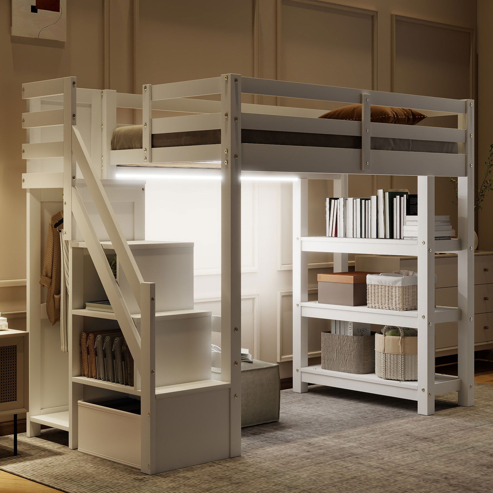 Loft Bed With 4 Layer Shelves, Storage Staircase, Small Wardrobe And LED Light - The Sleep Loft - Online Mattress Showroom NYC