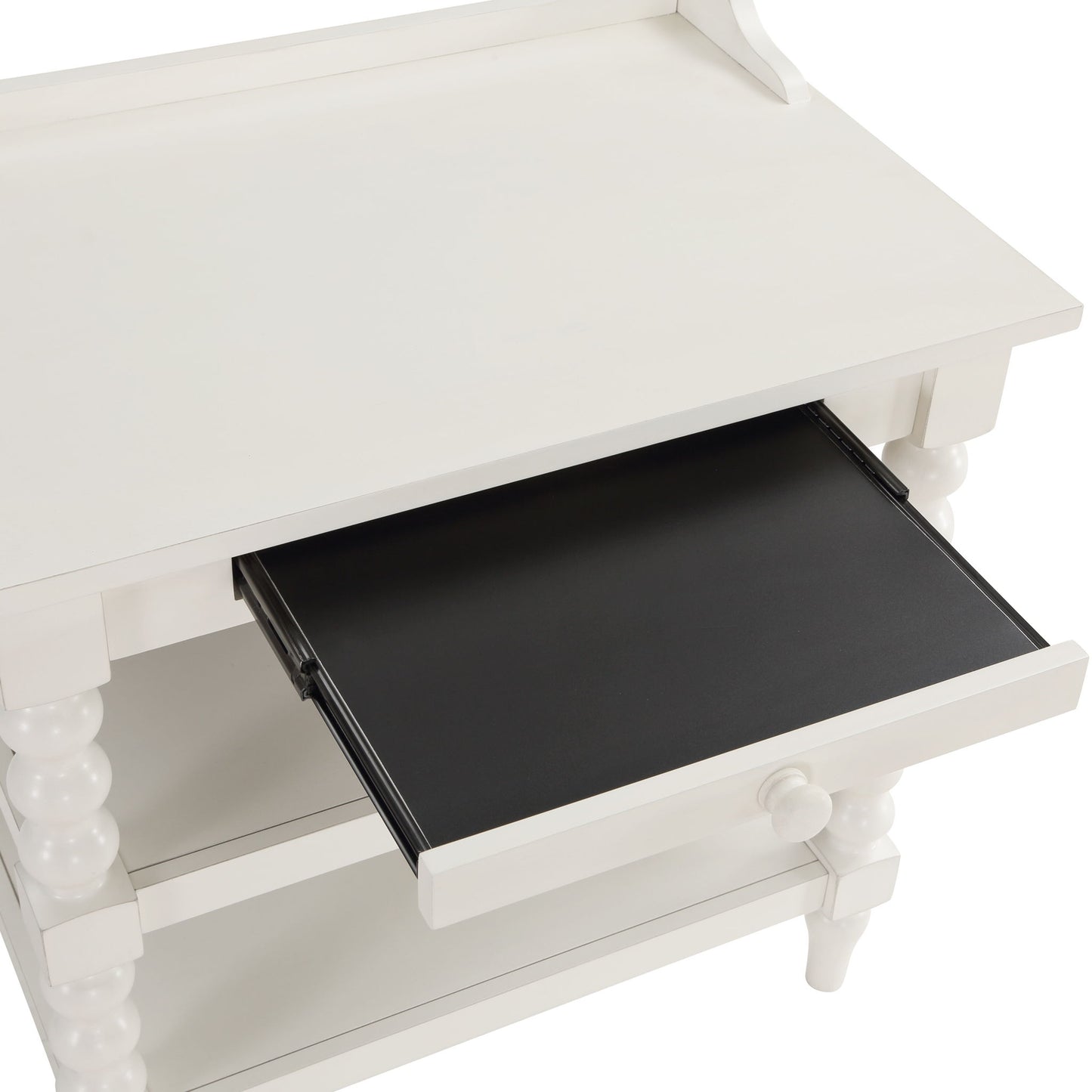 Aria - Nightstand With Styling, 2 Shelves, Pull Out Tray, Spool Turned Legs - Antique White - The Sleep Loft - Online Mattress Showroom NYC