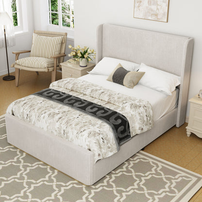 King Size Luxurious Corduroy Upholstered Bed Frame With Vertical Stripe Wingback Headboard And High Footboard - Light Gray - The Sleep Loft - Online Mattress Showroom NYC