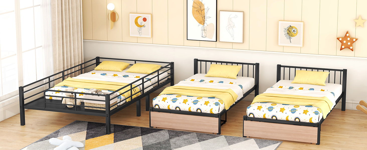 Triple Bunk Bed With Drawers, Multi-Functional Frame With Desks And Shelves In The Middle - The Sleep Loft - Online Mattress Showroom NYC