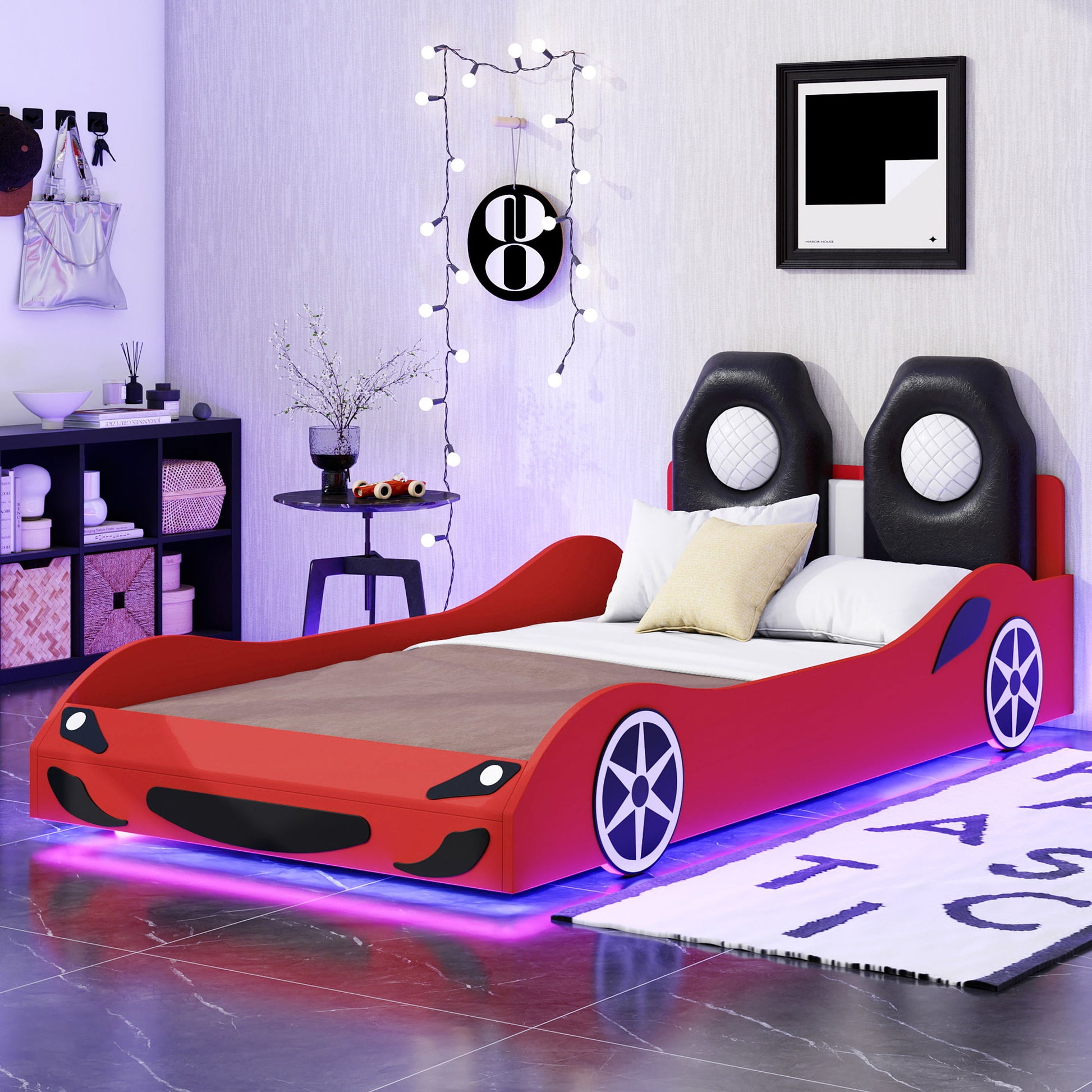 Race Car Shaped Platform Bed With LED And Upholstered Backrest In - The Sleep Loft - Online Mattress Showroom NYC