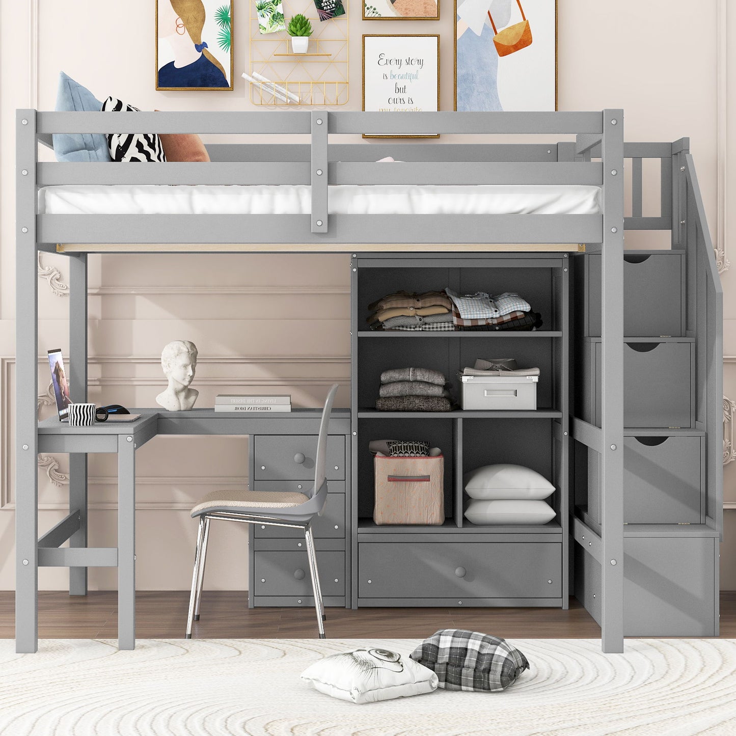 Loft Bed & L Shaped Desk, Drawers, Cabinet, And Storage Staircase - The Sleep Loft - Online Mattress Showroom NYC