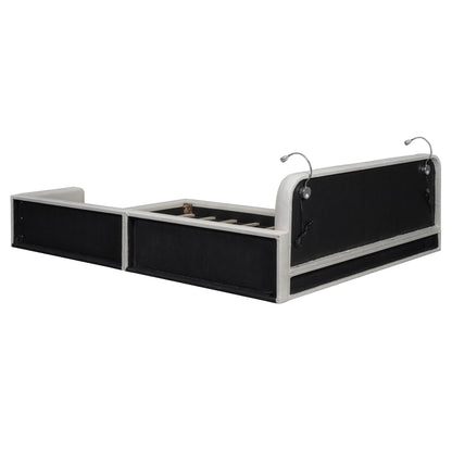 Queen Size Upholstered Platform Bed With 2 Reading Lights - White - The Sleep Loft - Online Mattress Showroom NYC