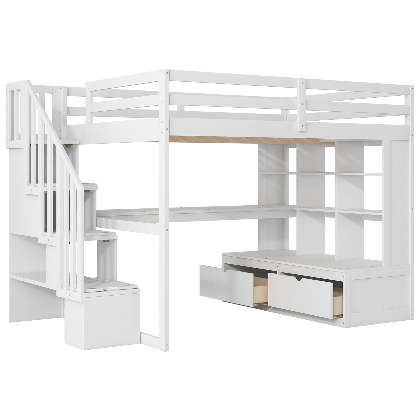 Full Size Loft Bed With Desk And Shelves, 2 Built In Drawers, Storage Staircase - White - The Sleep Loft - Online Mattress Showroom NYC