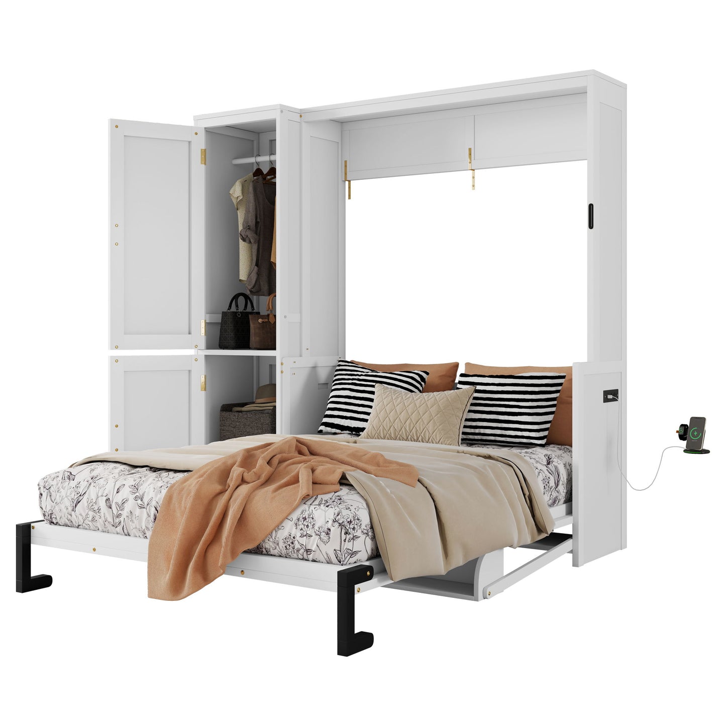 Queen Size Murphy Bed With Wardrobe, Space-Saving Hidden Wall Bed With Desk And Charging Station - White - The Sleep Loft - Online Mattress Showroom NYC