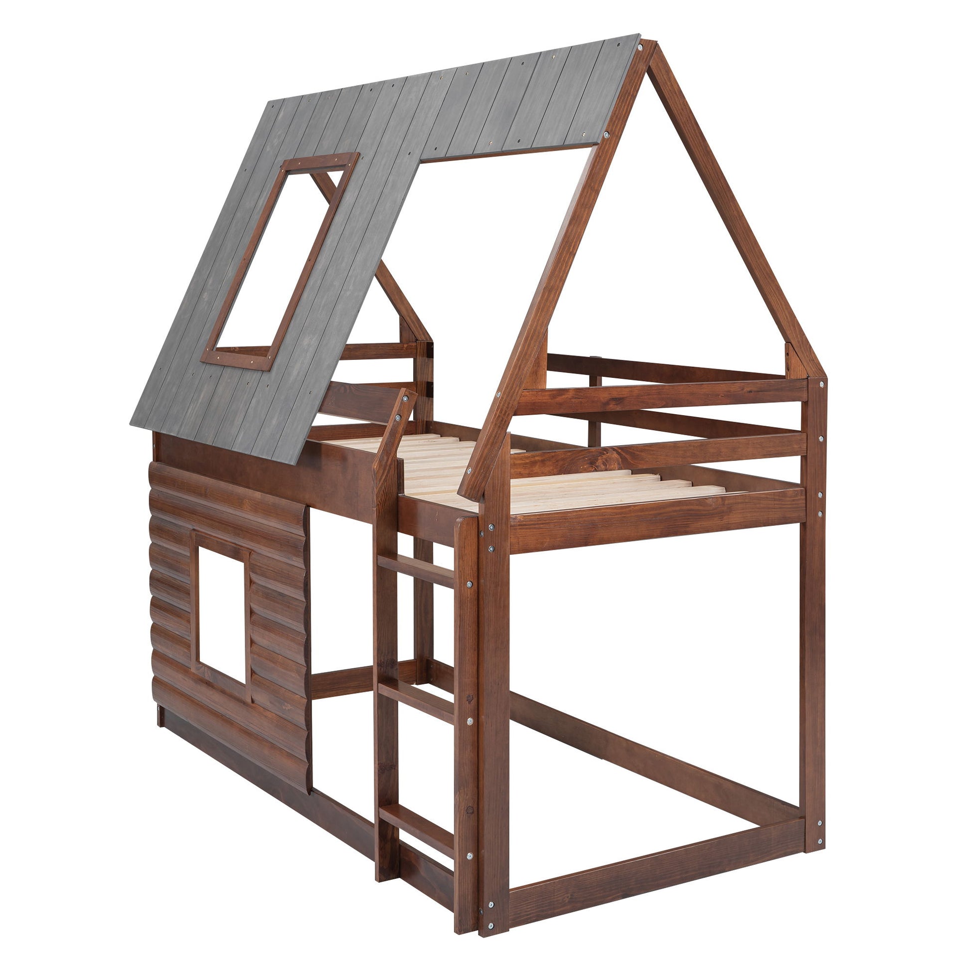 Wood Twin Size House Bunk Bed With Roof, Ladder And 2 Windows - Oak & Smoky Gray - The Sleep Loft - Online Mattress Showroom NYC