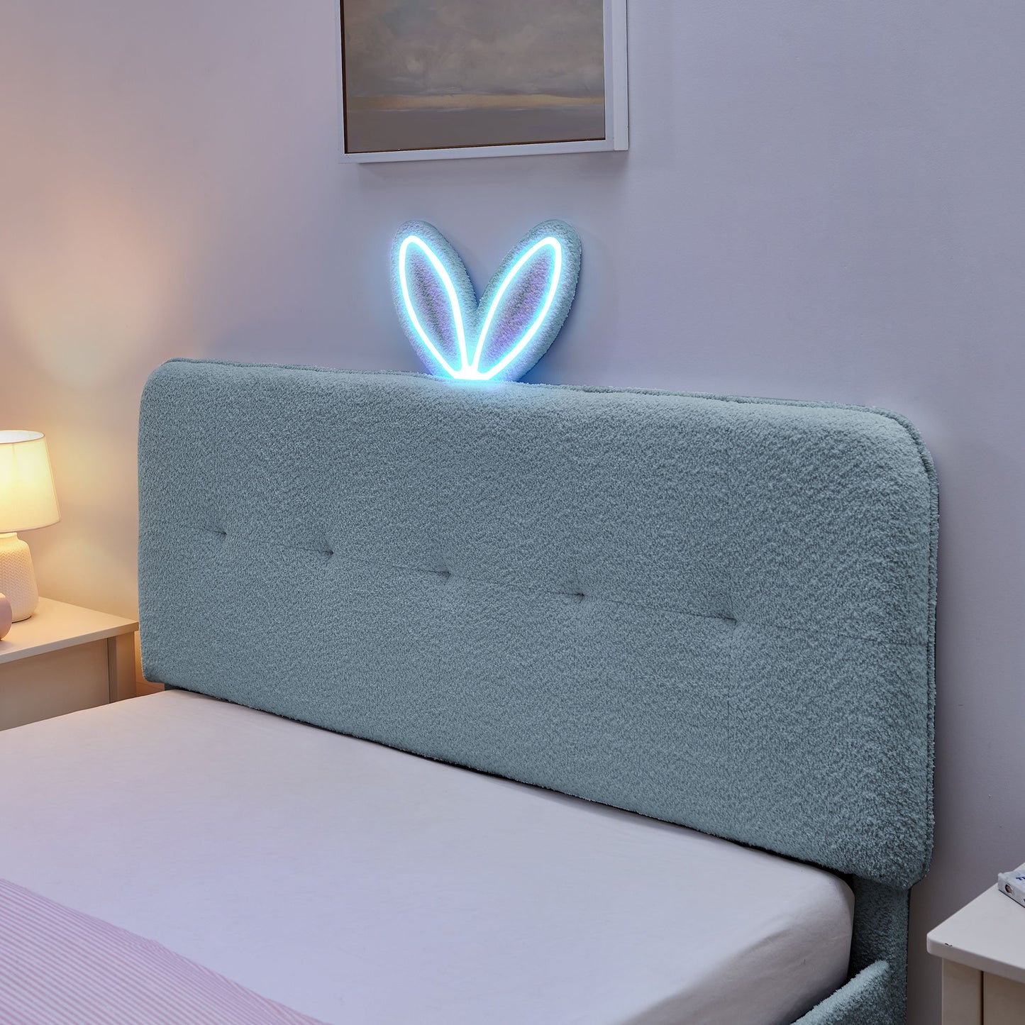 Upholstered Bed With Oversized Rabbit Ear Headboard, LED Lights & 4 Storage Drawers - The Sleep Loft - Online Mattress Showroom NYC