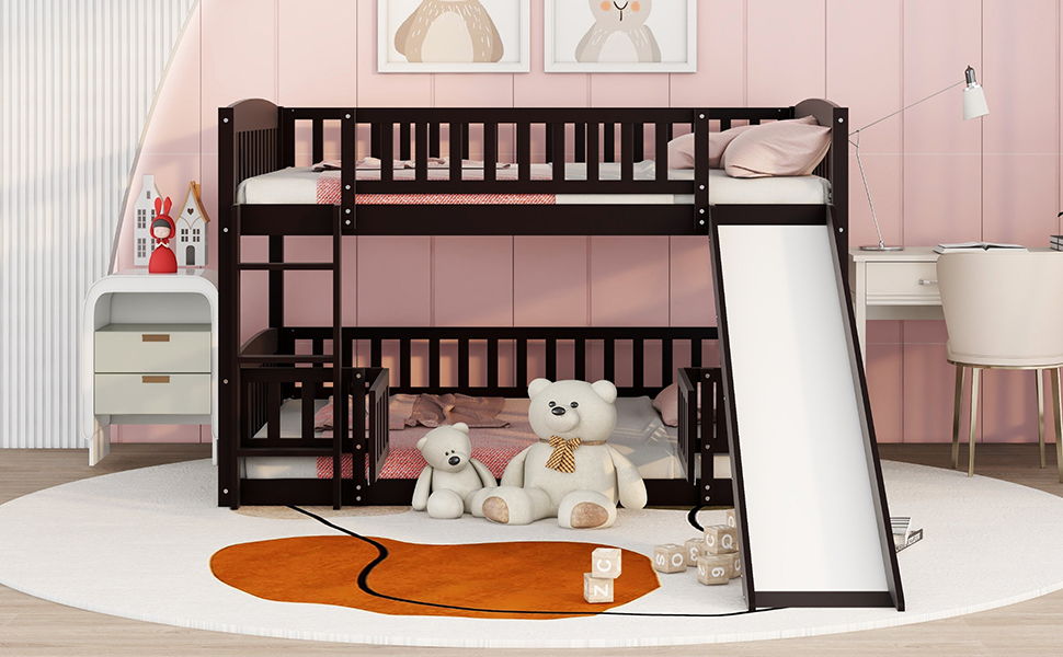 Low Bunk Bed With Slide, Fence And Ladder - The Sleep Loft - Online Mattress Showroom NYC