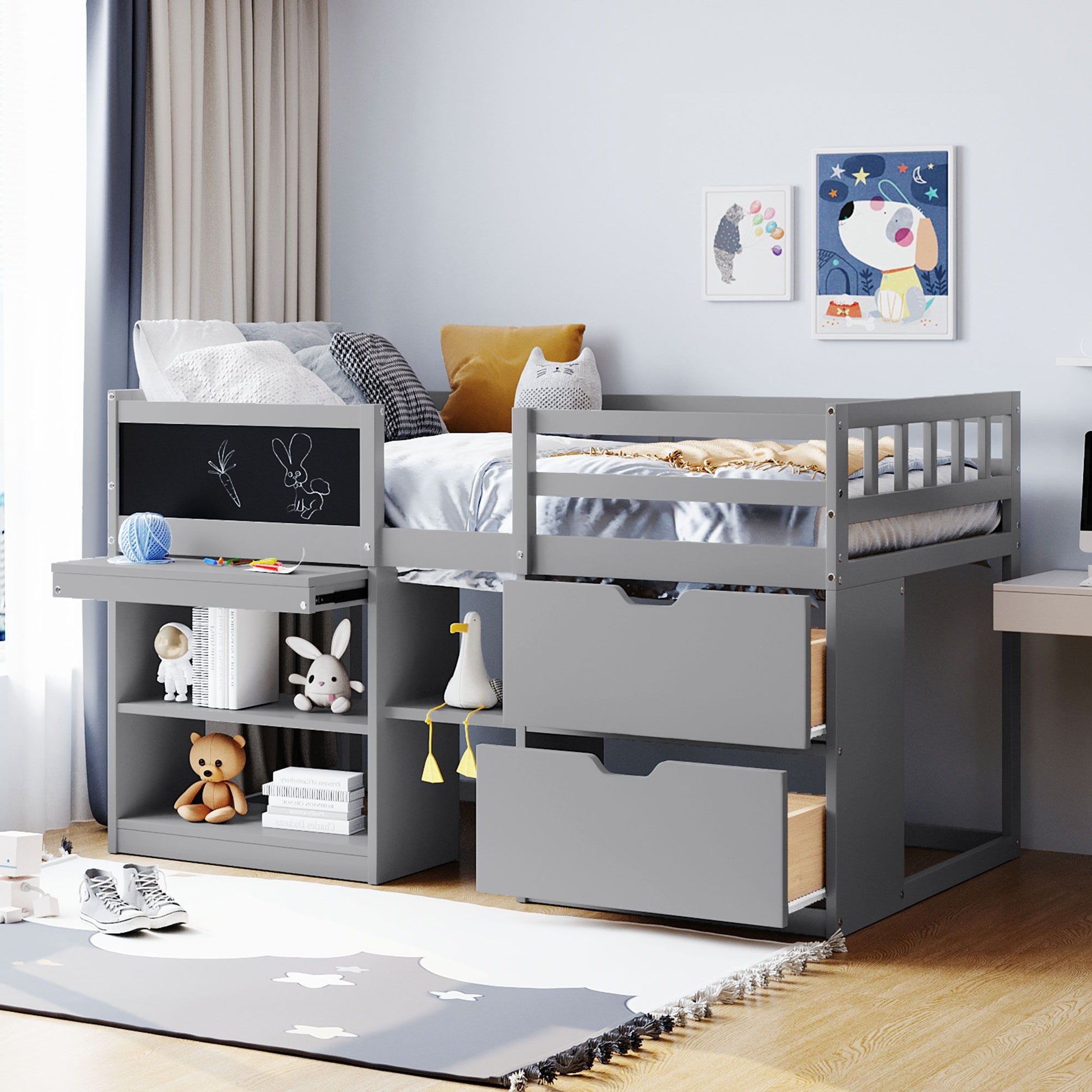 Low Loft Bed With Rolling Desk, Shelf And Drawers - The Sleep Loft - Online Mattress Showroom NYC