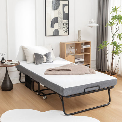 Foldable Metal Frame Bed For Guest With Memory Foam Mattress On Wheels, Saving Space Rollaway Bed - The Sleep Loft - Online Mattress Showroom NYC