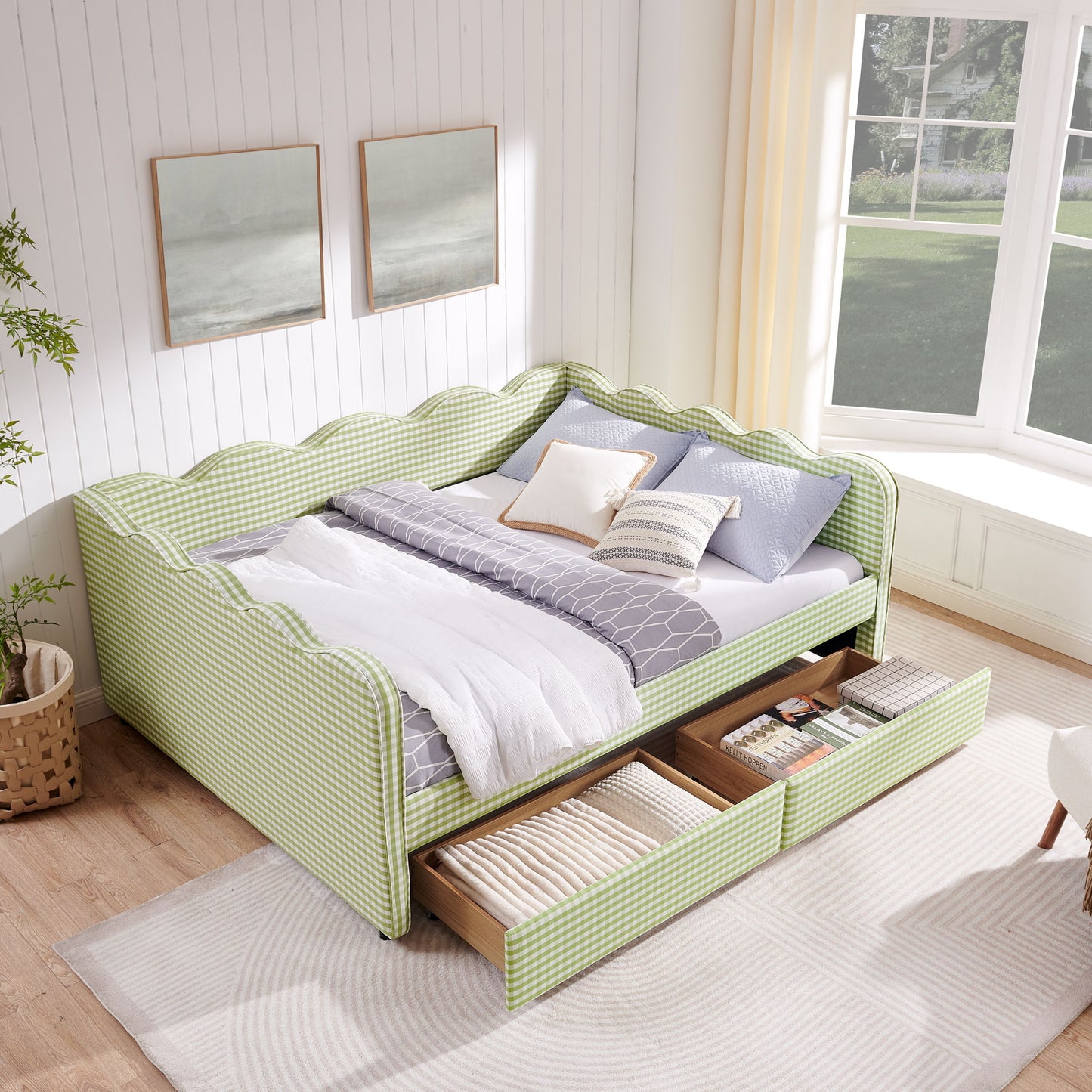 Gingham Daybed With USB Charging Port, Wave-Shaped Design - The Sleep Loft - Online Mattress Showroom NYC