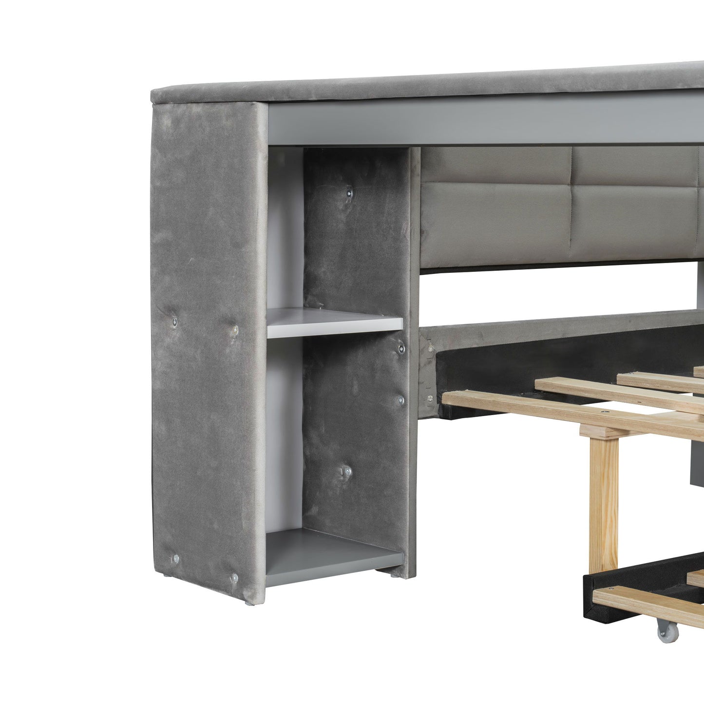 Upholstered Platform Bed With Storage Shelves, Desk, Charging Station And Trundle - The Sleep Loft - Online Mattress Showroom NYC