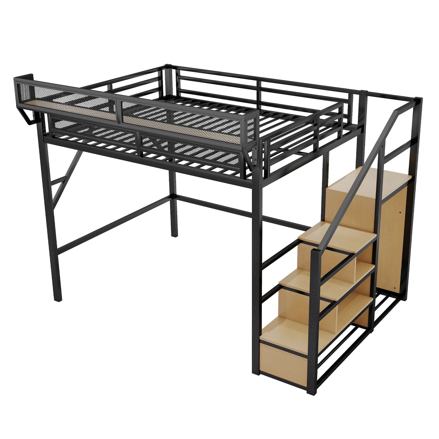 Queen Size Loft Bed & Stairs, Storage Shelves, Wardrobe - Black / Wood - The Sleep Loft - Online Mattress Showroom NYC