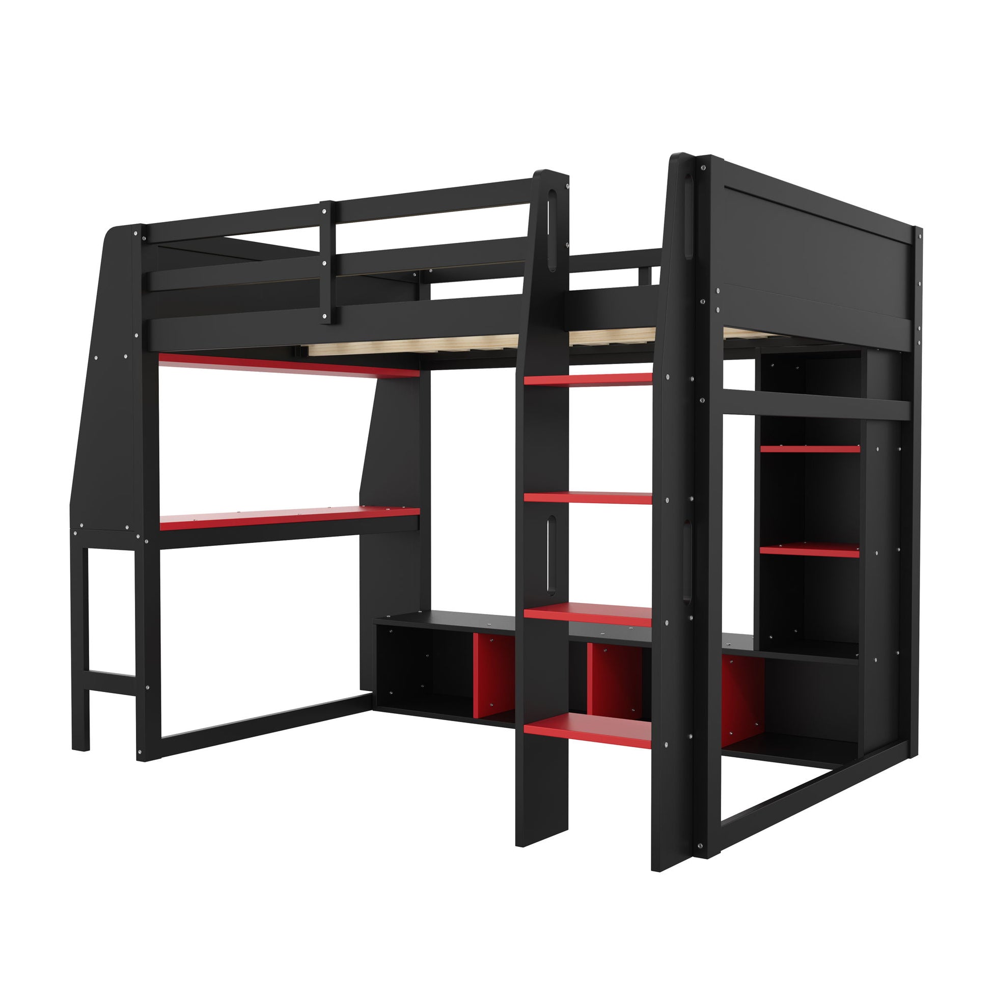 Gaming Loft Bed With Desk, Multi Storage Shelves, LED Lighting, And Hanging Clothes Rack - The Sleep Loft - Online Mattress Showroom NYC
