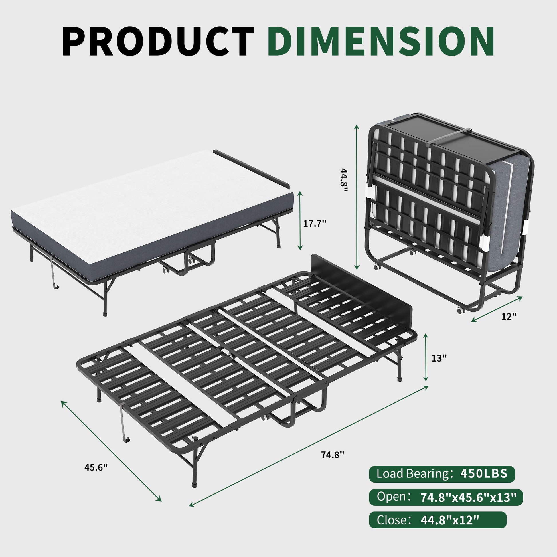 Twin Wide Folding Bed With Adjustable Headboard, Extra Long Rollaway For Tall People, Memory Foam Mattress - Black - The Sleep Loft - Online Mattress Showroom NYC
