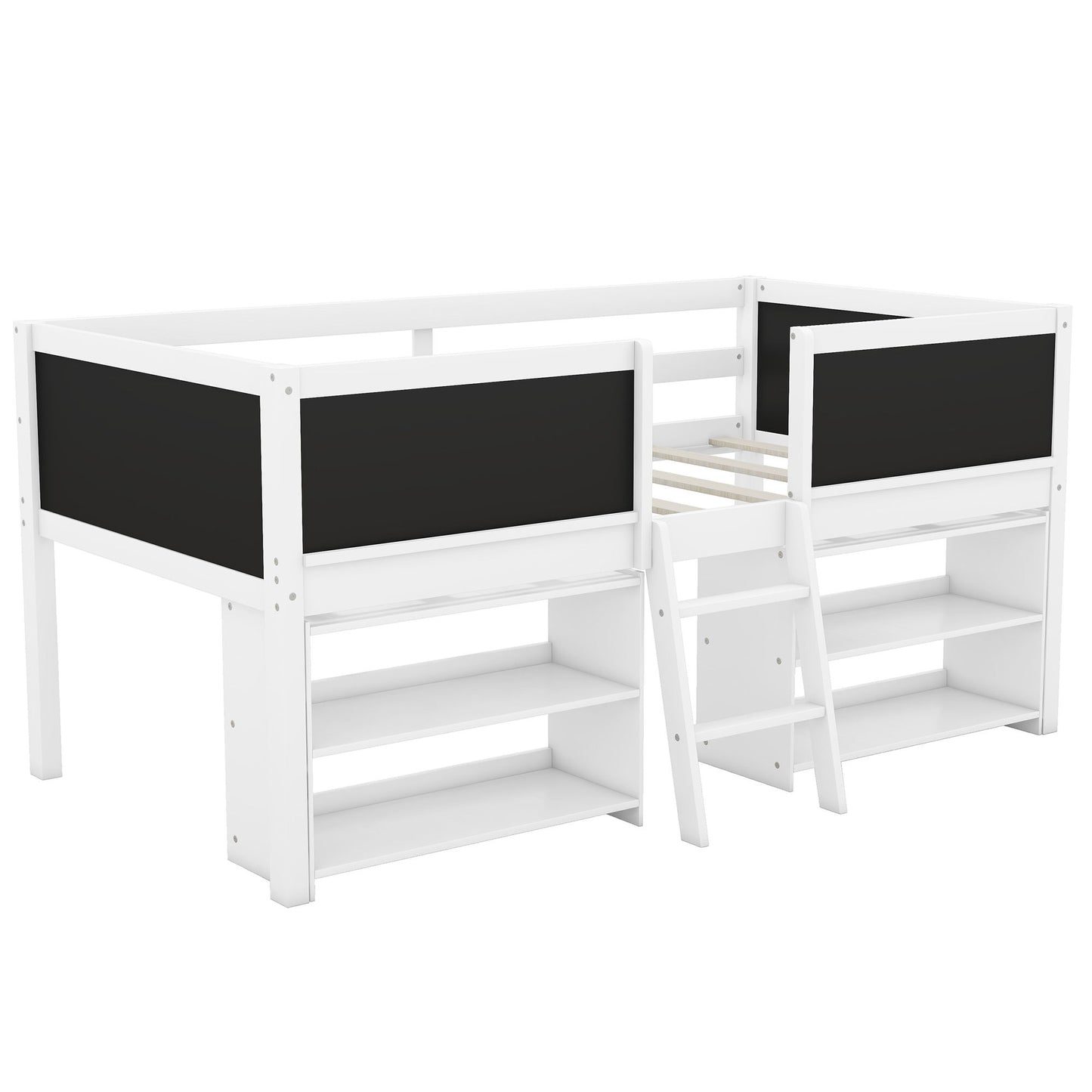 Low Loft Bed With Movable Shelves And Ladder, Decorative Chalkboard Guardrail - The Sleep Loft - Online Mattress Showroom NYC