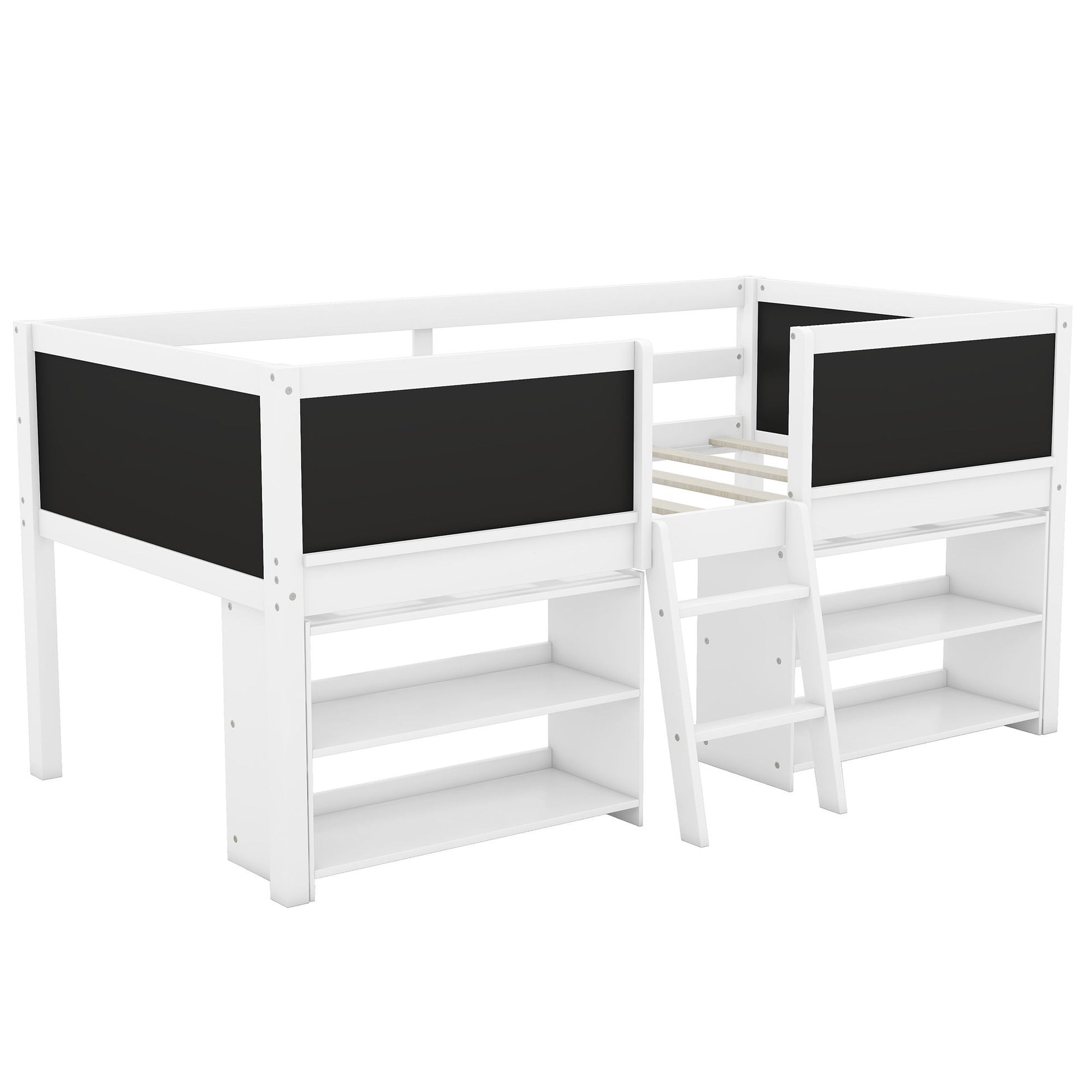 Low Loft Bed With Movable Shelves And Ladder, Decorative Chalkboard Guardrail - The Sleep Loft - Online Mattress Showroom NYC