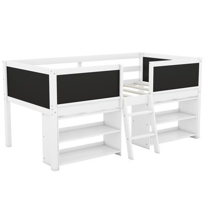 Low Loft Bed With Movable Shelves And Ladder, Decorative Chalkboard Guardrail - The Sleep Loft - Online Mattress Showroom NYC