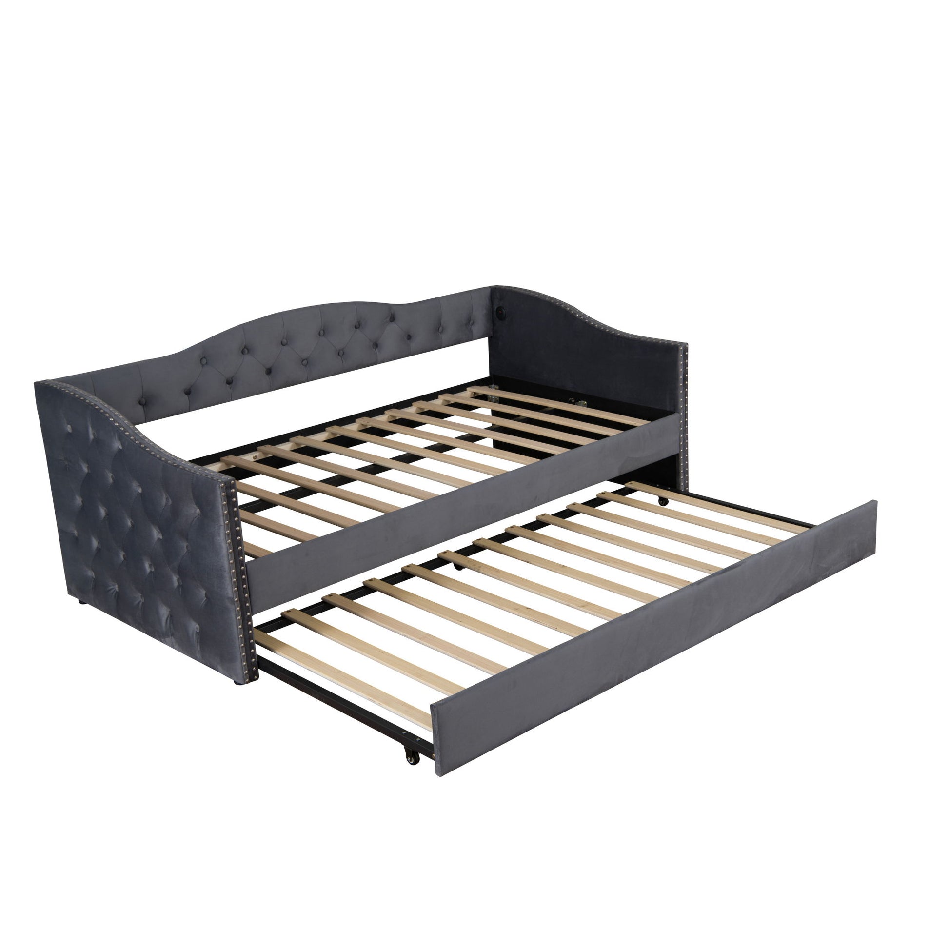 Twin Size Upholstered Daybed With Trundle And USB Charging Design For Bedroom - Gray - The Sleep Loft - Online Mattress Showroom NYC
