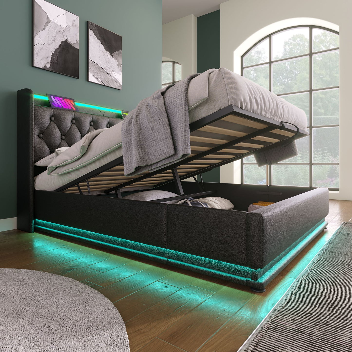 Upholstered Bed, 360 Surround LED Function, Remote Control, Hydraulic Storage Bed With USB, Type-C Charging (Without Mattress) - The Sleep Loft - Online Mattress Showroom NYC