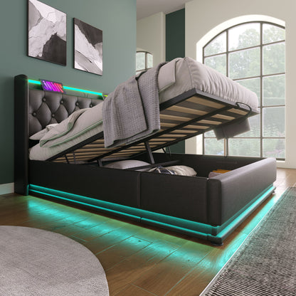 Upholstered Bed, 360 Surround LED Function, Remote Control, Hydraulic Storage Bed With USB, Type-C Charging (Without Mattress) - The Sleep Loft - Online Mattress Showroom NYC