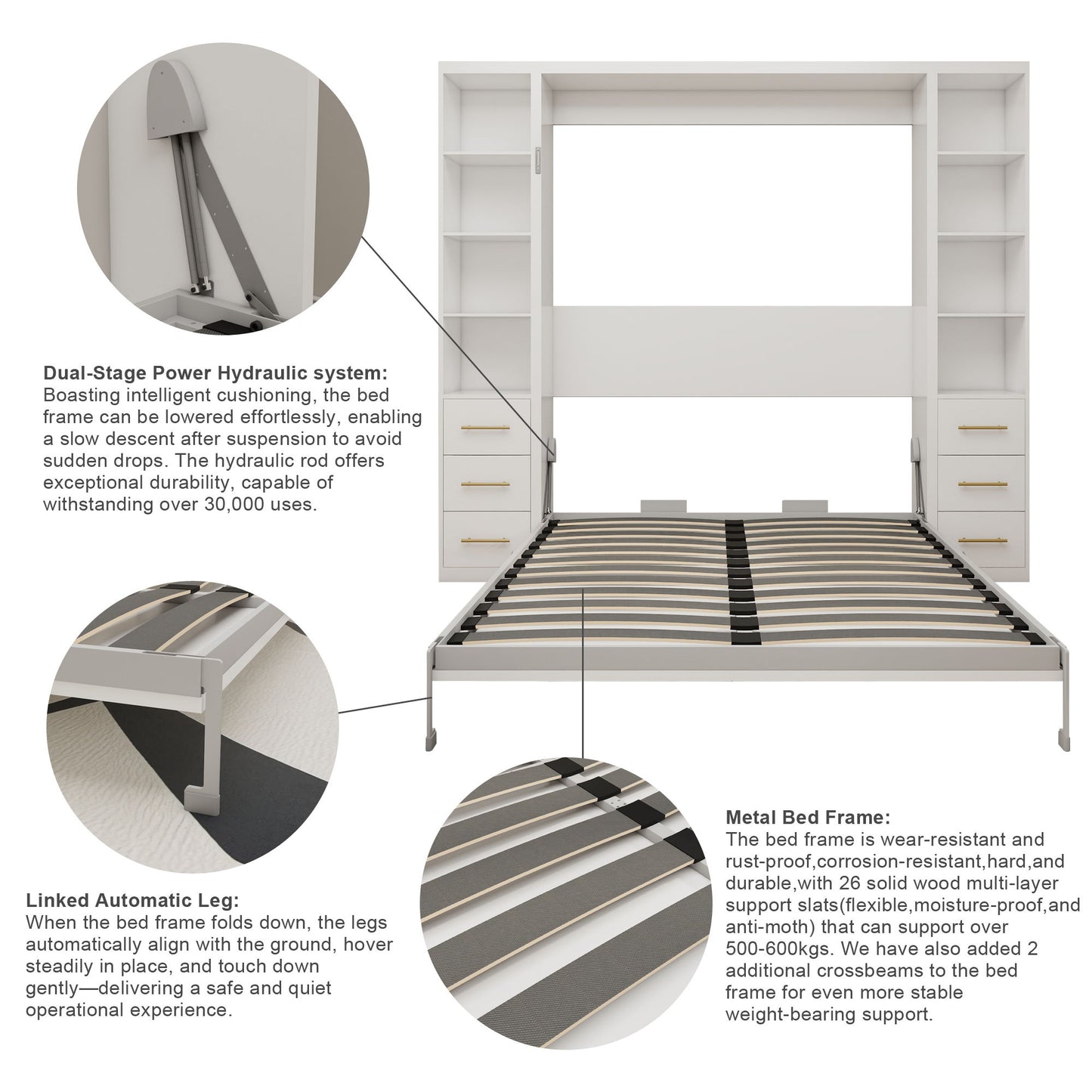 Queen Size Murphy Wall Bed With Side Storage Cabinets - White - The Sleep Loft - Online Mattress Showroom NYC