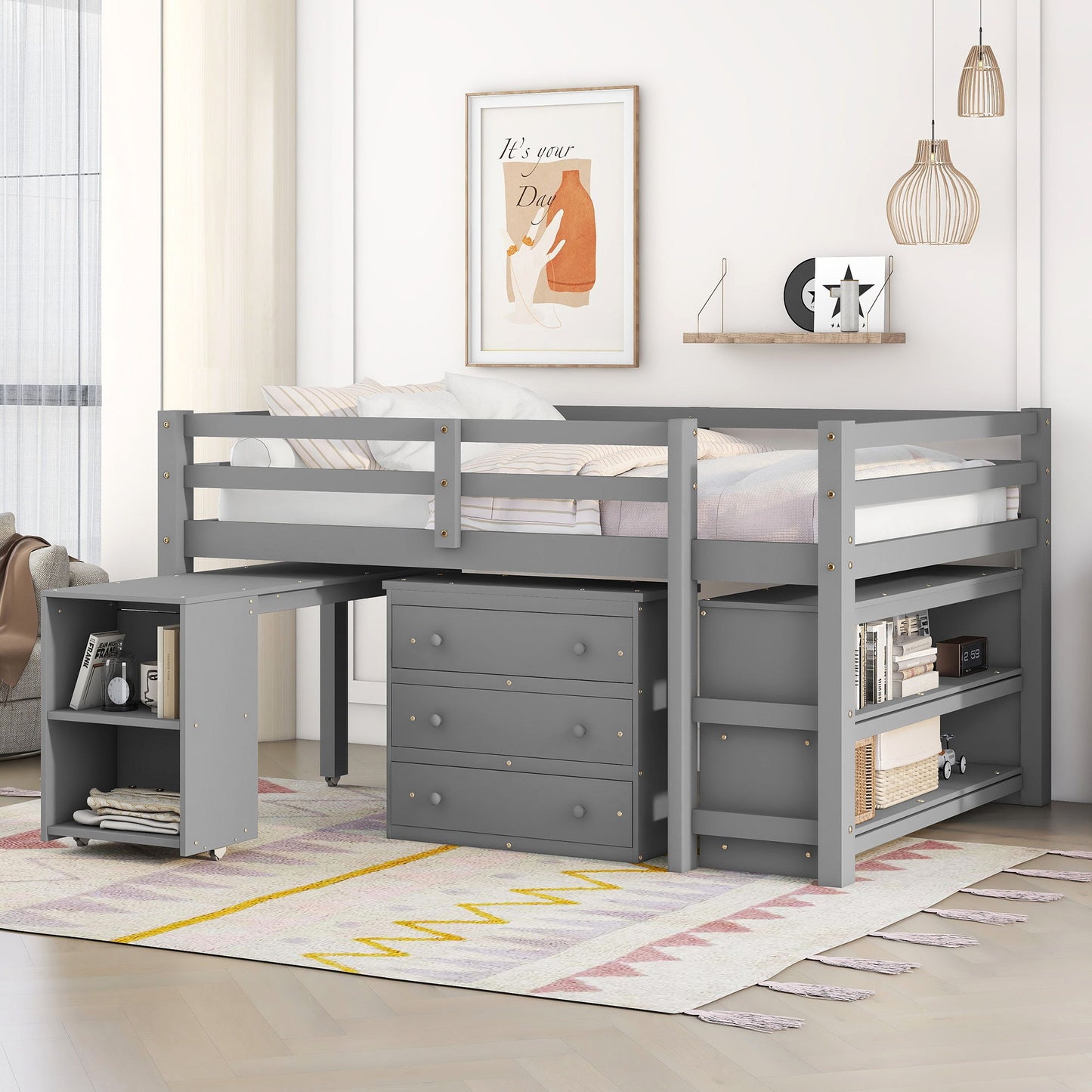 Loft Low Study Bed With Cabinet, Shelves And Rolling Portable Desk, Multiple Functions - The Sleep Loft - Online Mattress Showroom NYC