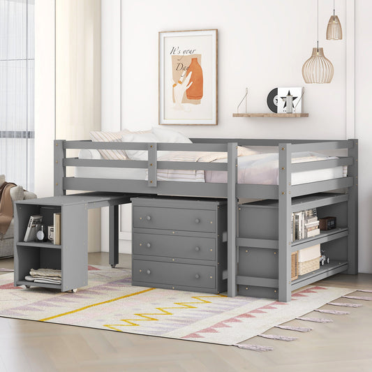 Loft Low Study Bed With Cabinet, Shelves And Rolling Portable Desk, Multiple Functions - The Sleep Loft - Online Mattress Showroom NYC