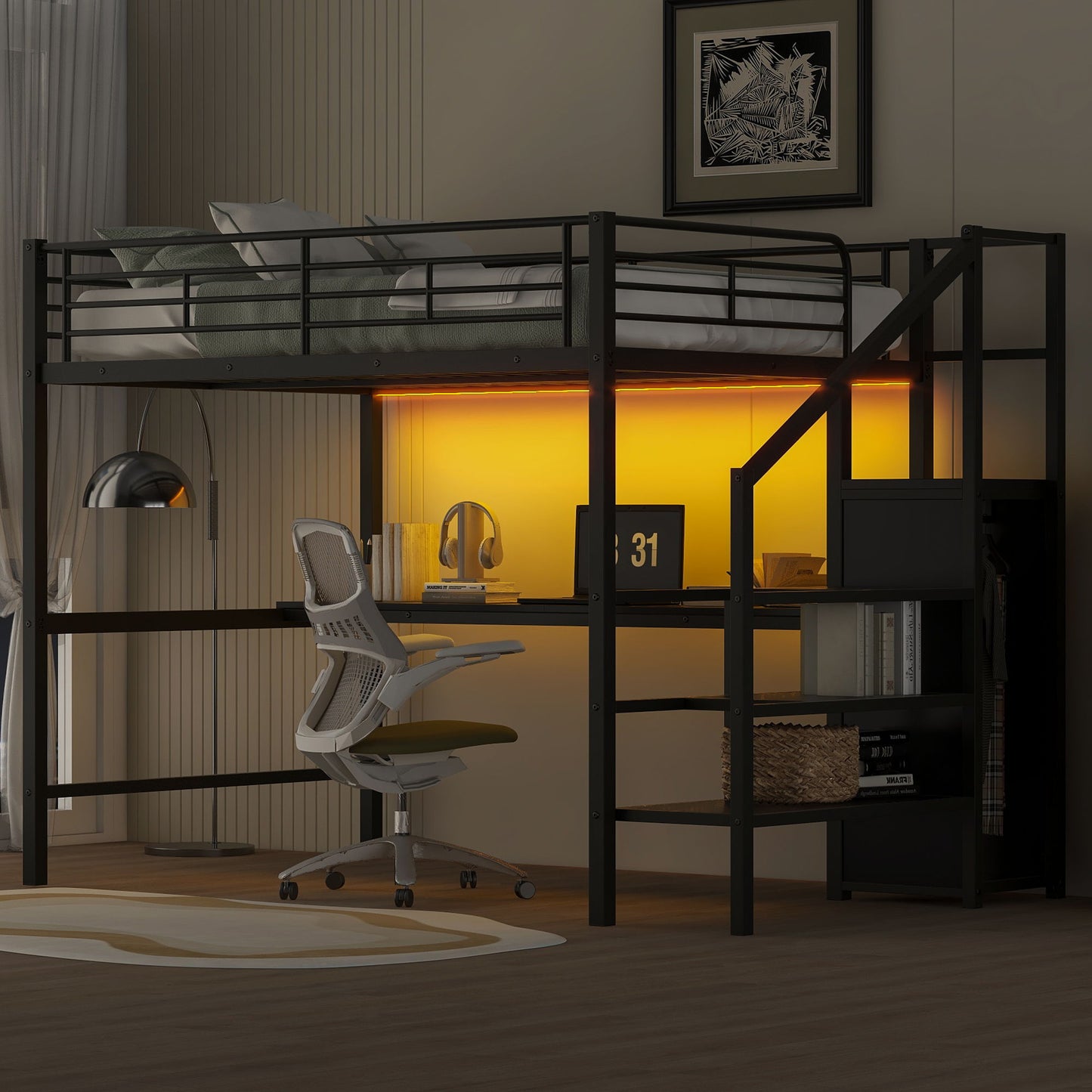 Full Size Loft Bed With Desk, Storage Staircase, Small Wardrobe And LED Light - Black - The Sleep Loft - Online Mattress Showroom NYC
