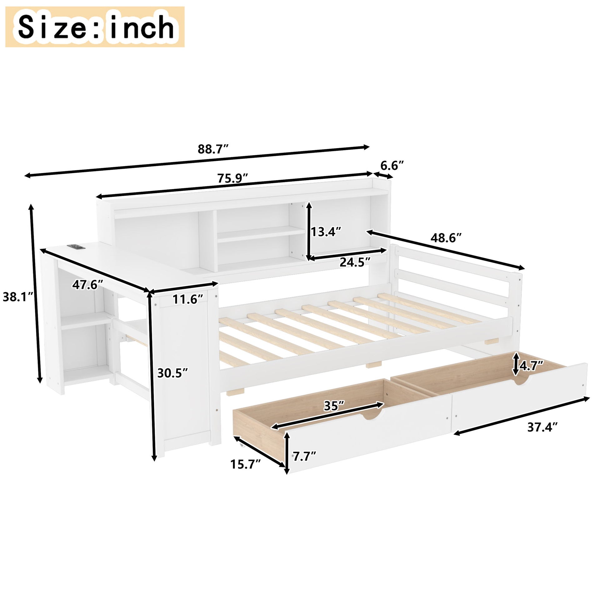 Corner Daybed With Storage Drawers, Desk, Charging Port & Bookcase - The Sleep Loft - Online Mattress Showroom NYC