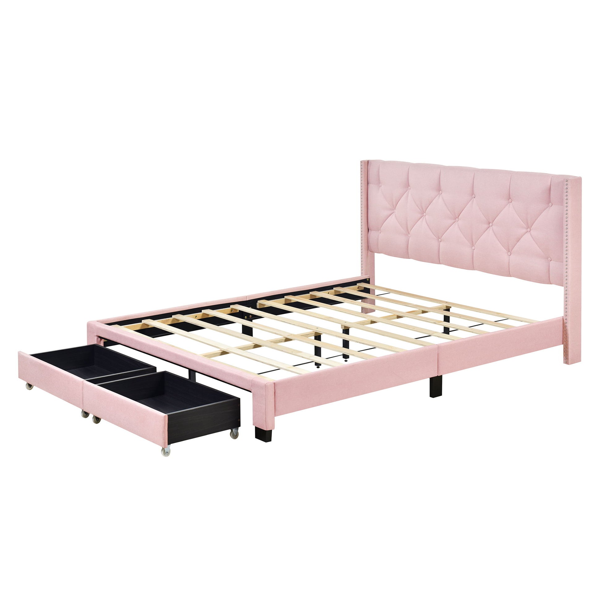 Queen Size Storage Bed Linen Upholstered Platform Bed & Two Drawers - Pink - The Sleep Loft - Online Mattress Showroom NYC