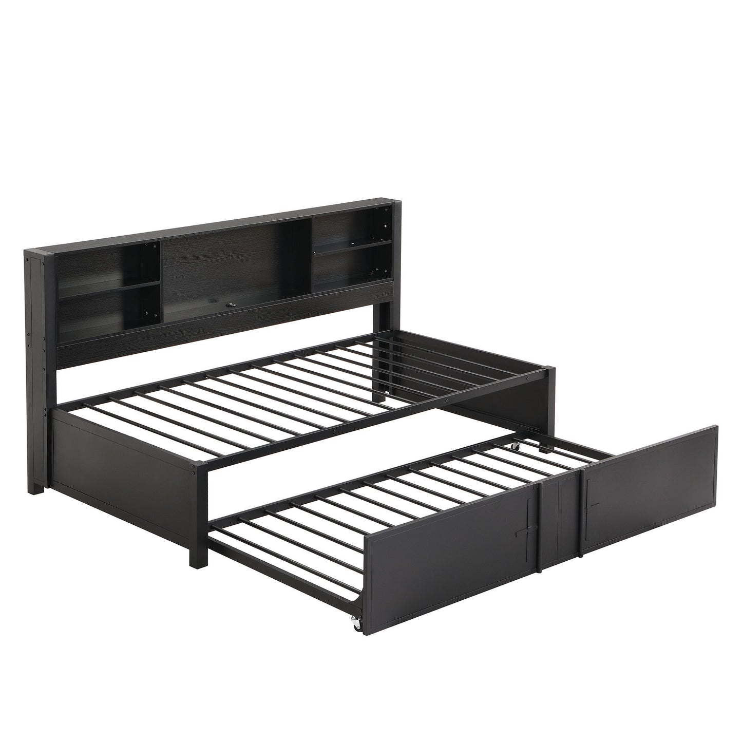 Industrial Metal Daybed With Trundle, Storage Shelves, USB Ports - The Sleep Loft - Online Mattress Showroom NYC