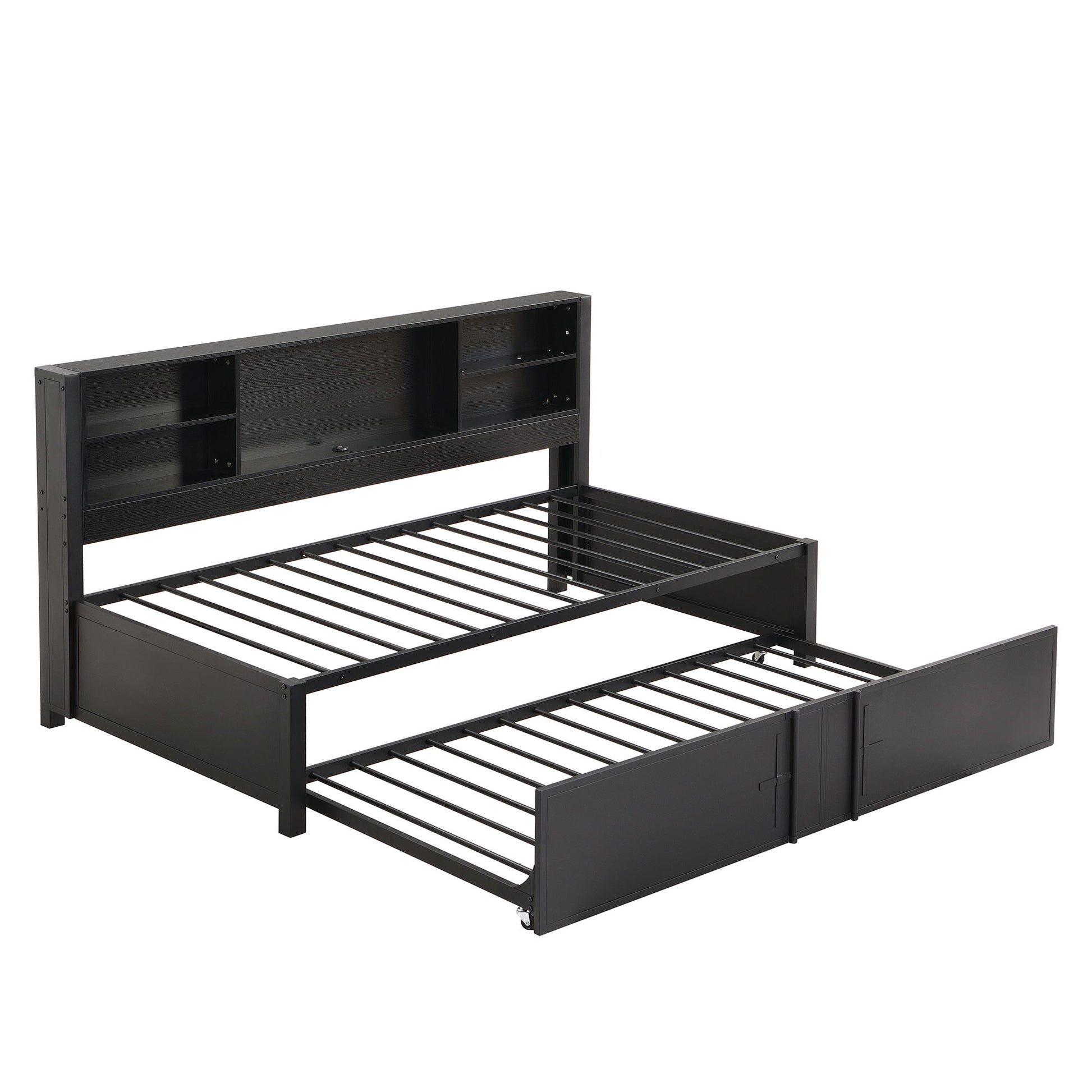 Industrial Metal Daybed With Trundle, Storage Shelves, USB Ports - The Sleep Loft - Online Mattress Showroom NYC