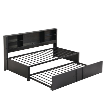Industrial Metal Daybed With Trundle, Storage Shelves, USB Ports - The Sleep Loft - Online Mattress Showroom NYC