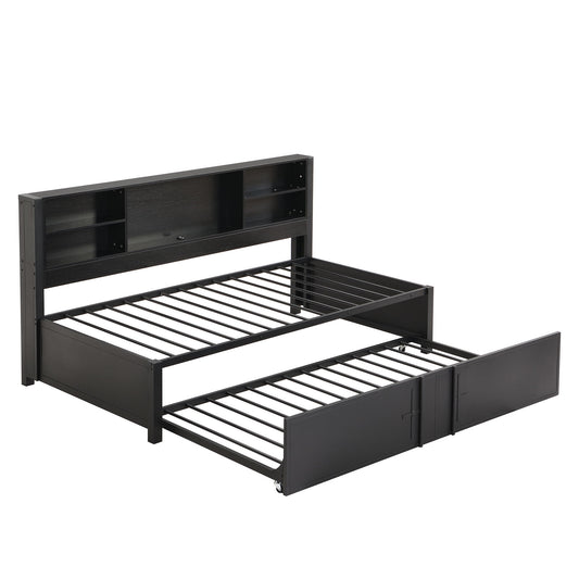 Industrial Metal Daybed With Trundle, Storage Shelves, USB Ports - The Sleep Loft - Online Mattress Showroom NYC
