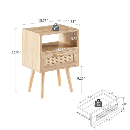 15.75" Rattan End Table With Drawer And Solid Wood Legs, Modern Nightstand, Side Table For Living Room, Bedroom - The Sleep Loft - Online Mattress Showroom NYC