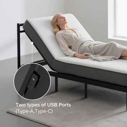 Adjustable Bed Frame With Massage Head & Foot Incline, Wireless Remote, USB Ports, LED Night Light