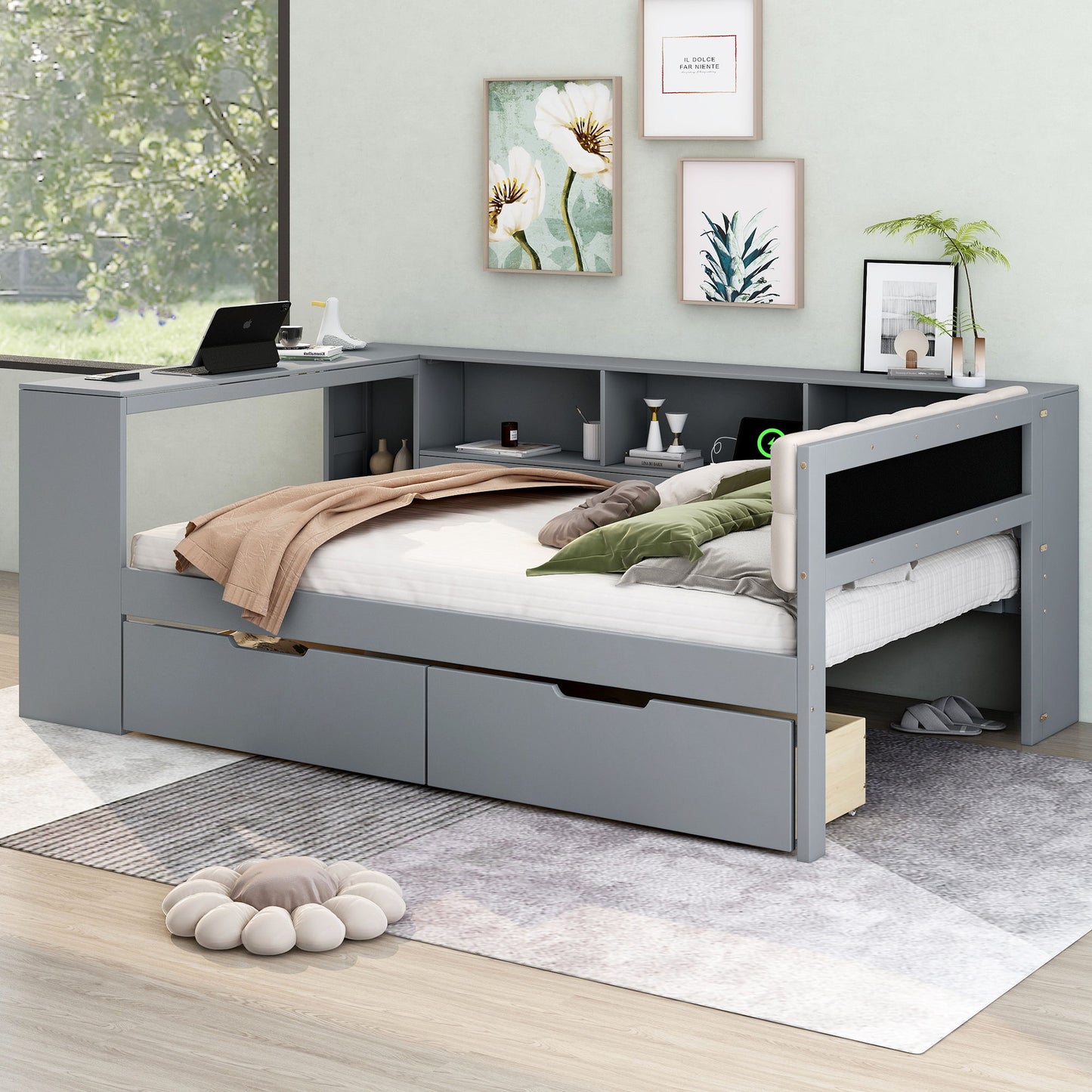 Upholstered Headboard Platform Bed With Storage Shelves, Drawers, Charging Station - The Sleep Loft - Online Mattress Showroom NYC
