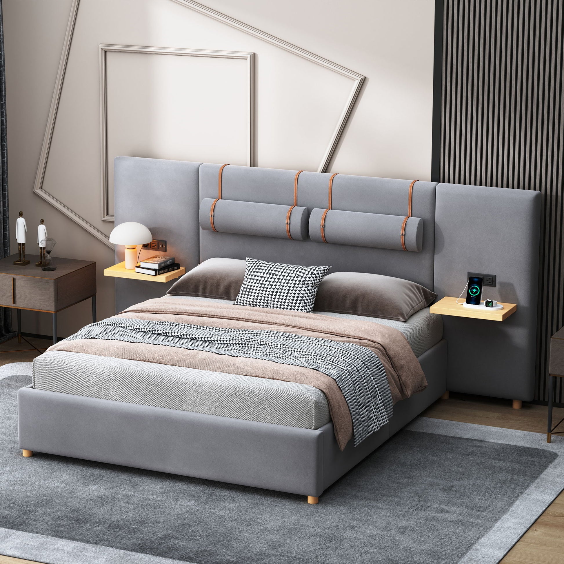 Upholstered Platform Bed, 2 Outlets And USB Charging Ports On Both Sides, 2 Bedside Pillows, Storage Shelves - The Sleep Loft - Online Mattress Showroom NYC