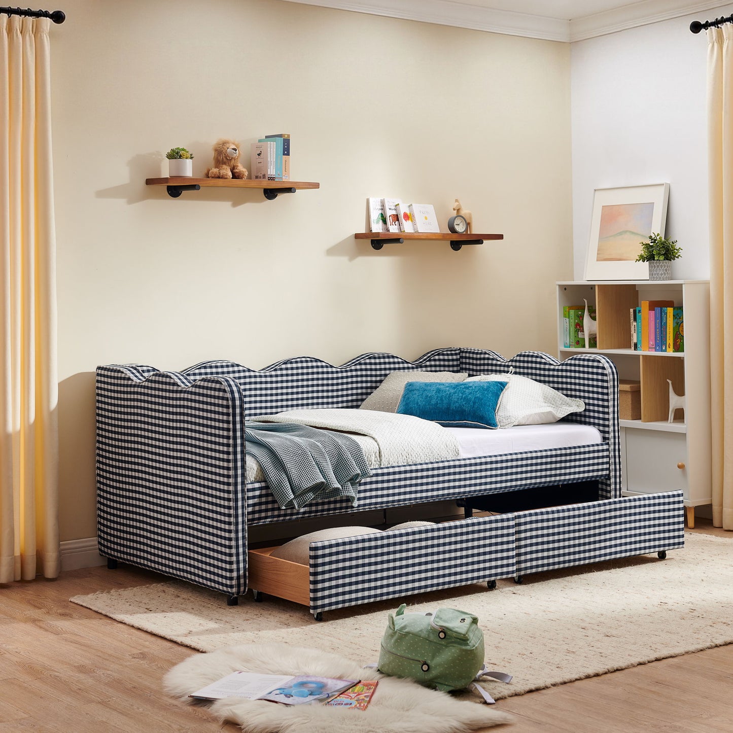 Gingham Daybed With USB Charging Port, Wave-Shaped Design - The Sleep Loft - Online Mattress Showroom NYC