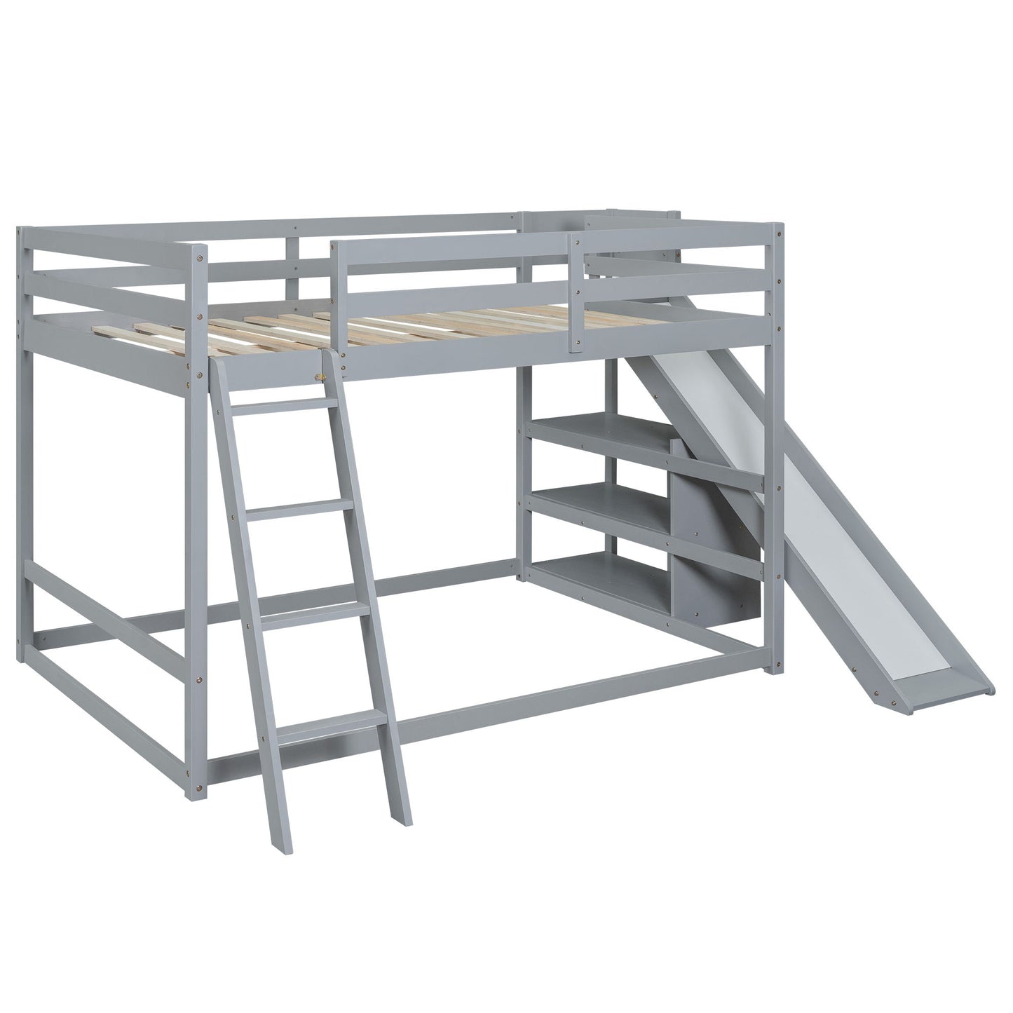 Bunk Bed With Ladder, Slide, And Shelves Pine Wood - The Sleep Loft - Online Mattress Showroom NYC