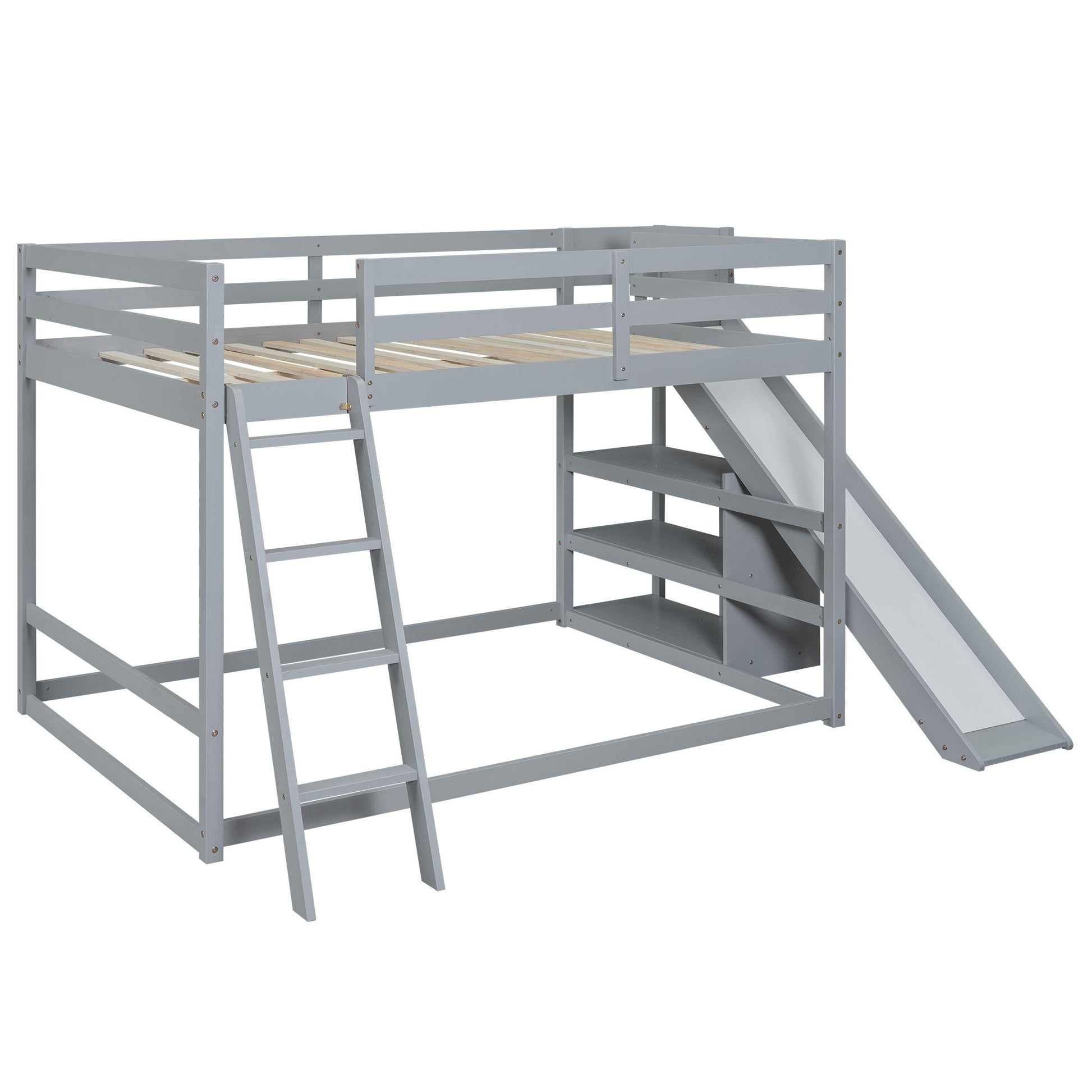 Bunk Bed With Ladder, Slide, And Shelves Pine Wood - The Sleep Loft - Online Mattress Showroom NYC