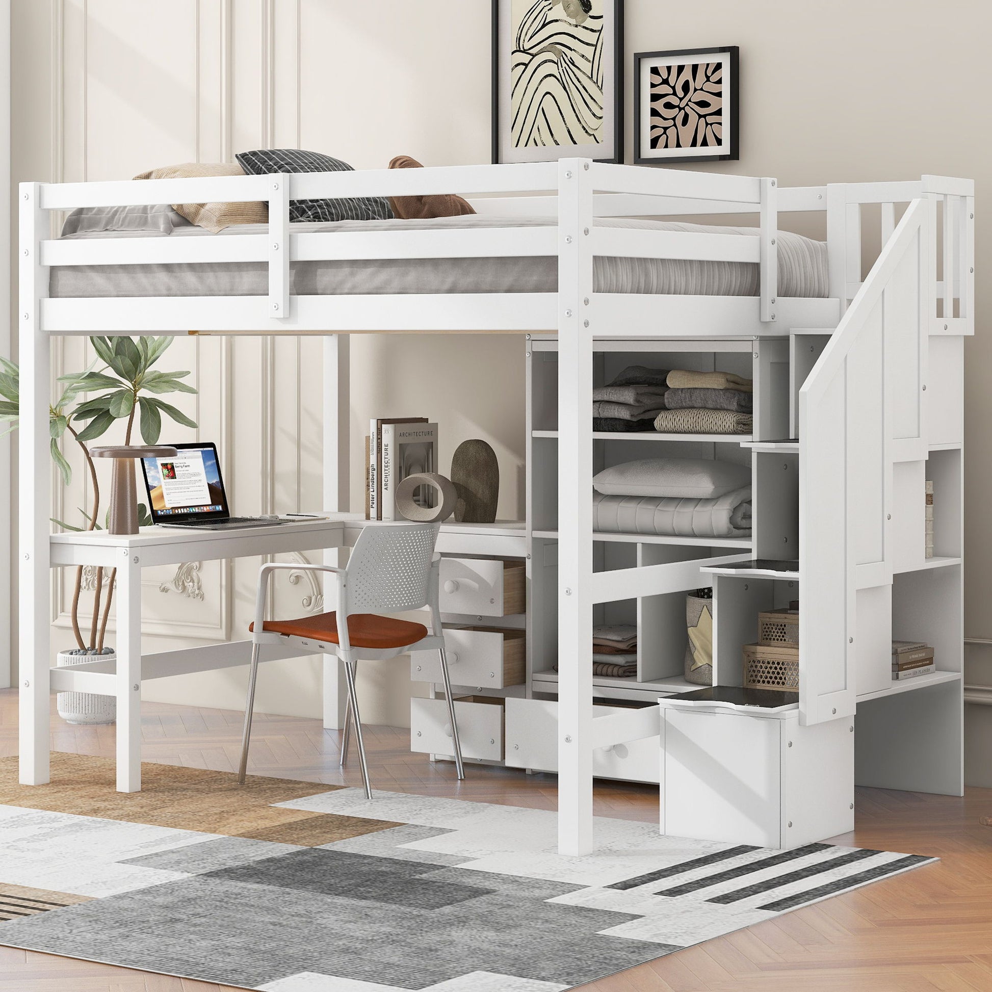 Loft Bed & L Shaped Desk, Drawers, Cabinet, And Storage Staircase - The Sleep Loft - Online Mattress Showroom NYC