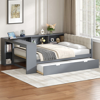 Upholstered Headboard Platform Bed With Storage Shelves, Trundle, Charging Station - The Sleep Loft - Online Mattress Showroom NYC