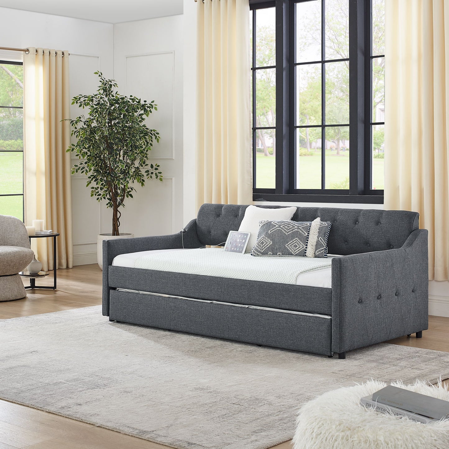 Size Upholstered Daybed With Trundle And USB Charging Armrest - The Sleep Loft - Online Mattress Showroom NYC