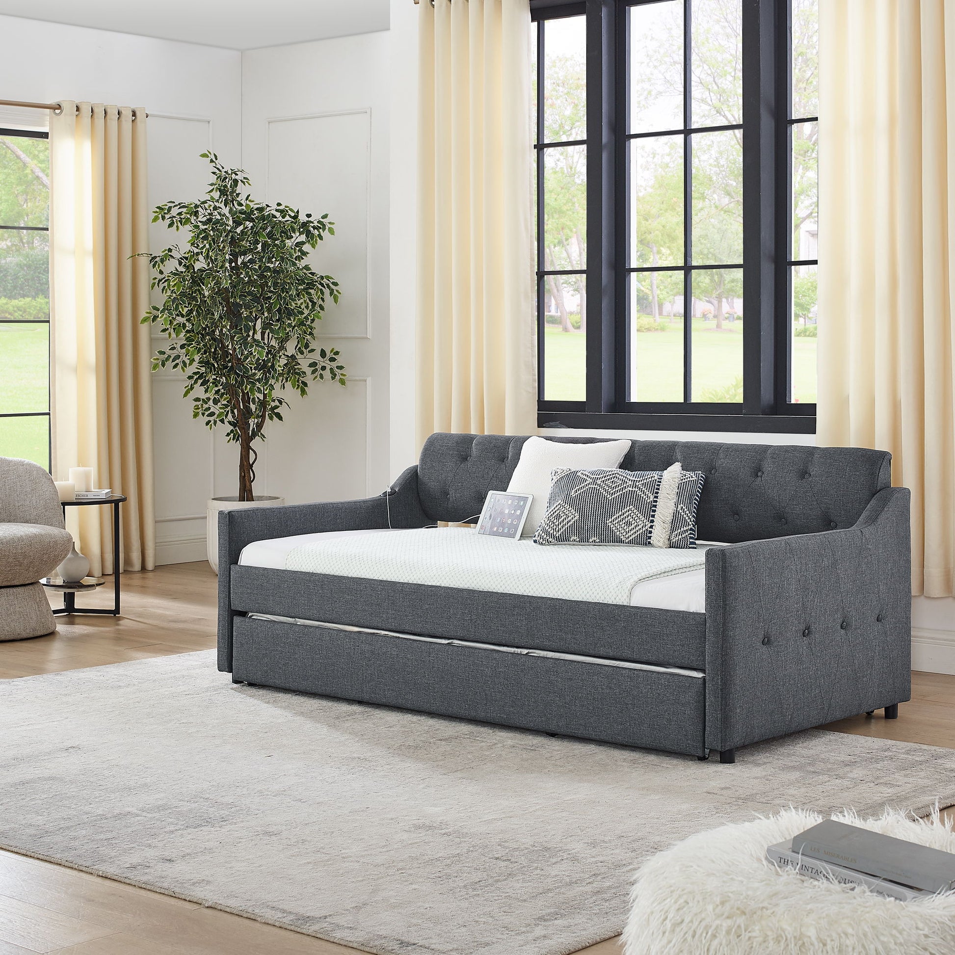 Size Upholstered Daybed With Trundle And USB Charging Armrest - The Sleep Loft - Online Mattress Showroom NYC