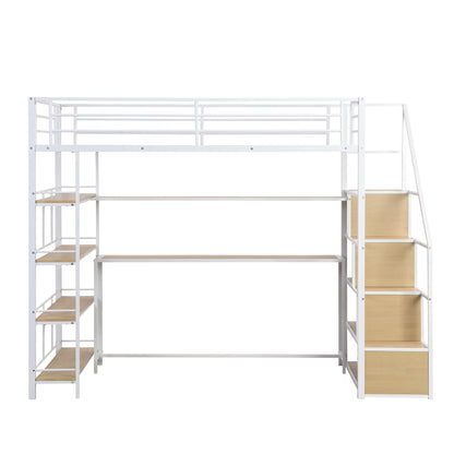 Twin Size Loft Bed With Built In Desk, Staircase Storage & 4 Tier Shelves - White - The Sleep Loft - Online Mattress Showroom NYC
