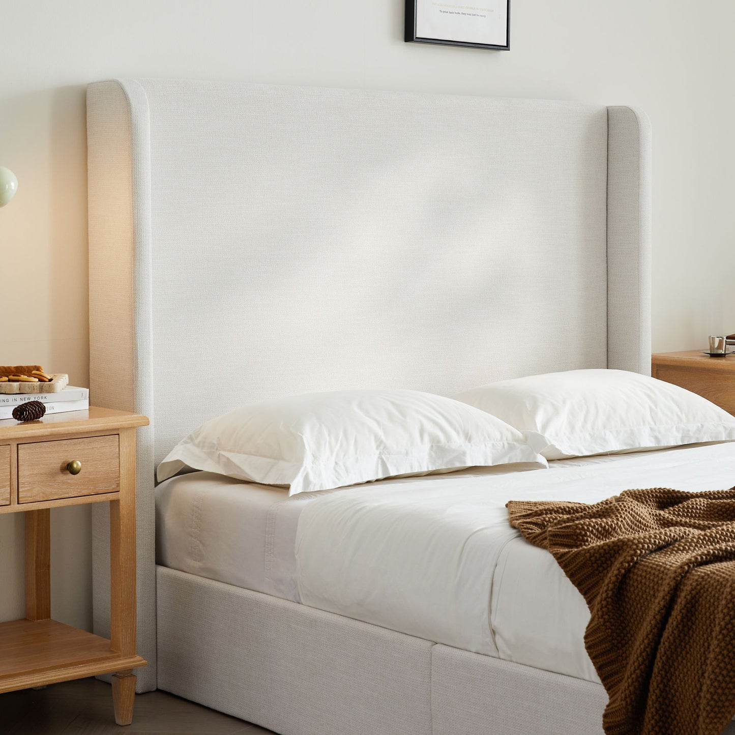 Caron - Queen Size Upholstered Wingback Bed With Adjustable Base Bundle Set - Ivory - The Sleep Loft - Online Mattress Showroom NYC